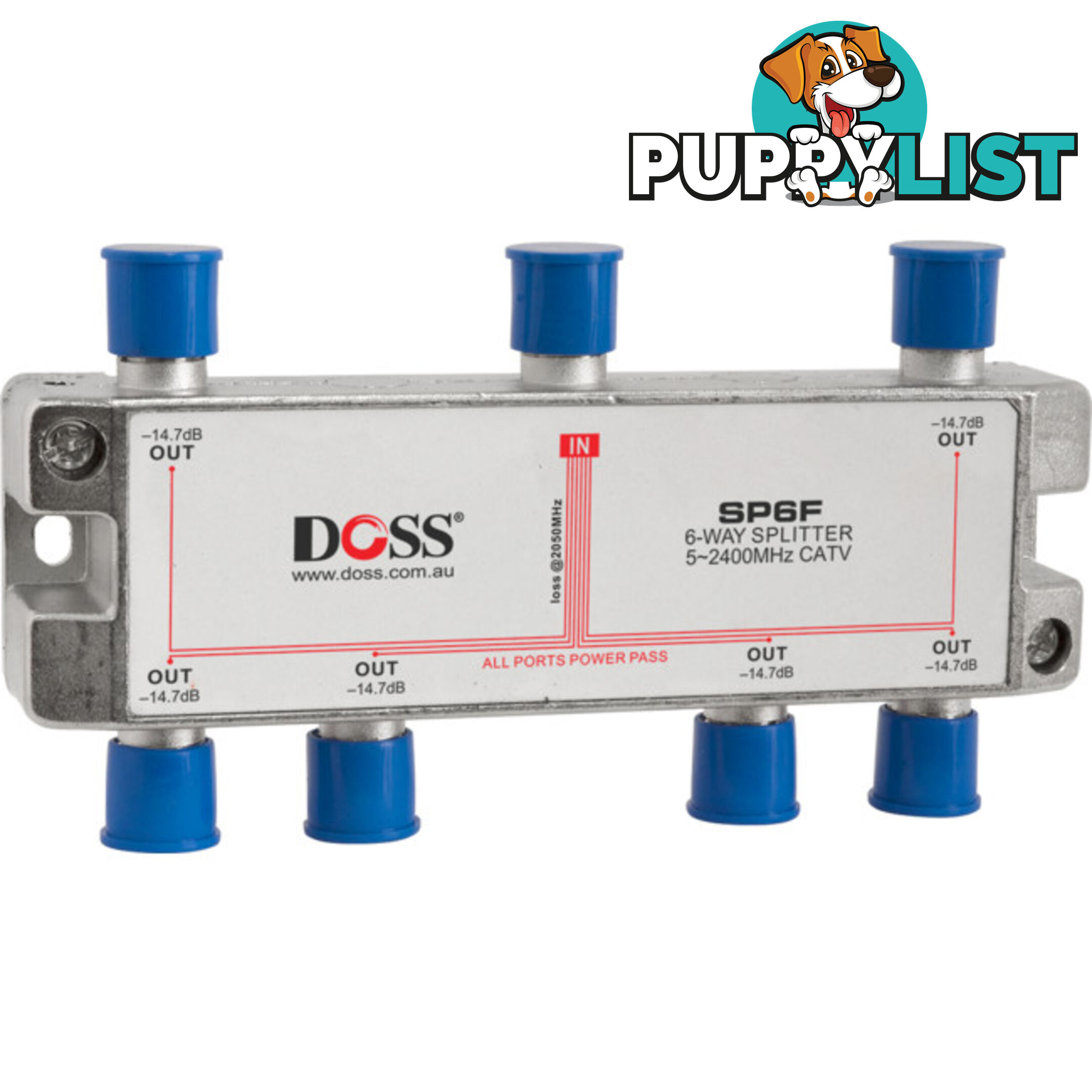 SP6F 6 WAY 'F' SPLITTER OR COMBINER DC PASS THROUGH 2.4GHZ DOSS