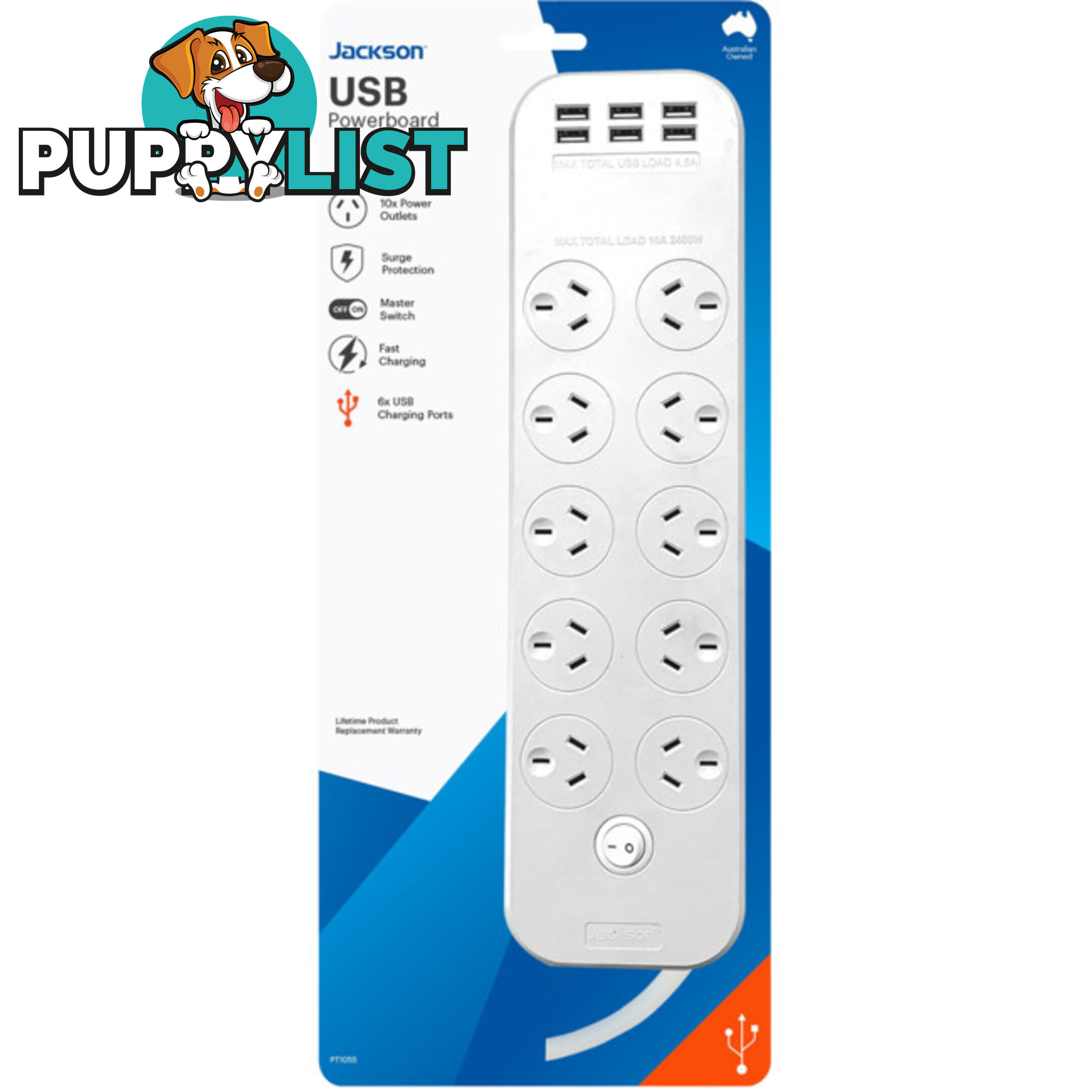 PT1055 10 OUTLET SWITCHED POWERBOARD WITH USB CHARGING