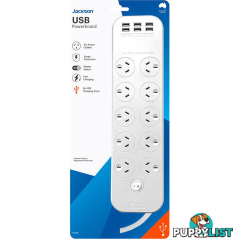 PT1055 10 OUTLET SWITCHED POWERBOARD WITH USB CHARGING