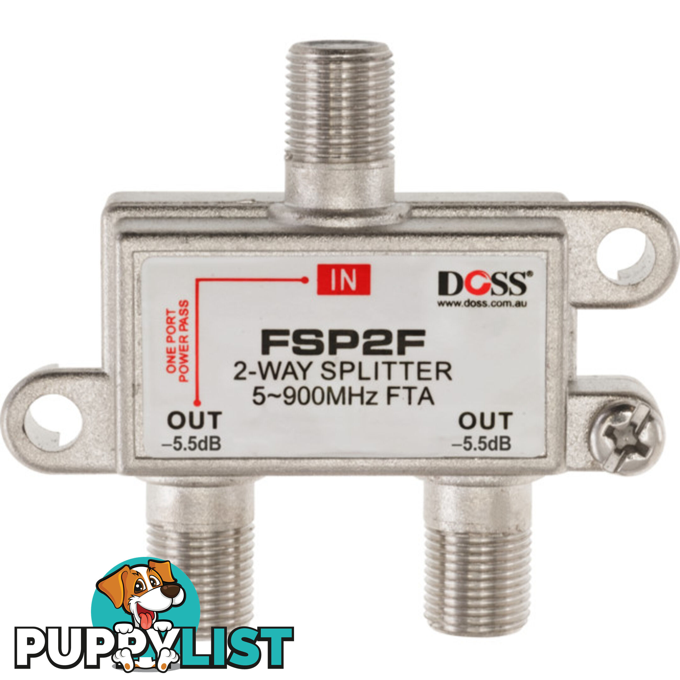 FSP2F 2 WAY 'F' SPLITTER FREE TO AIR 1X DC POWER PASS 900MHZ