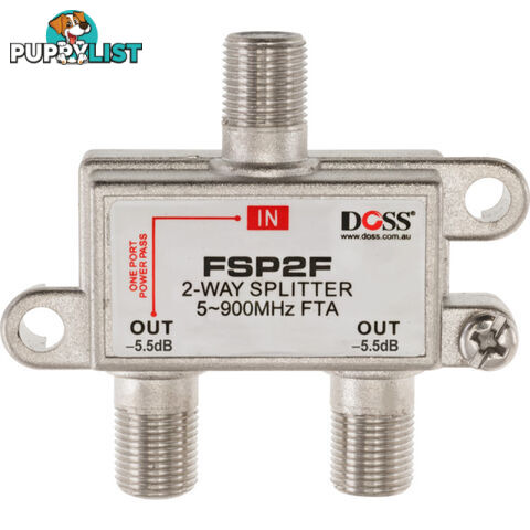 FSP2F 2 WAY 'F' SPLITTER FREE TO AIR 1X DC POWER PASS 900MHZ