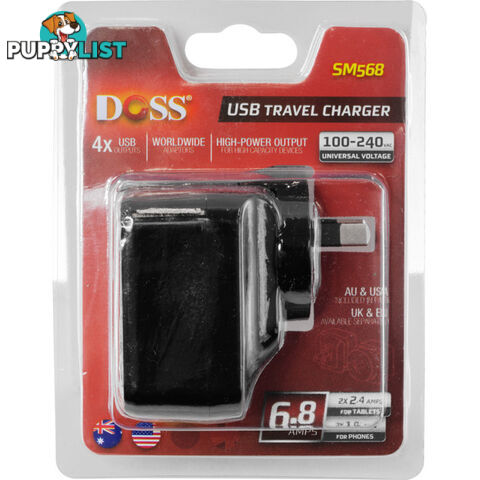 SM568B 5V 6.8A FOUR USB CHARGER BLACK INTERCHANGABLE TRAVEL ADAPTOR