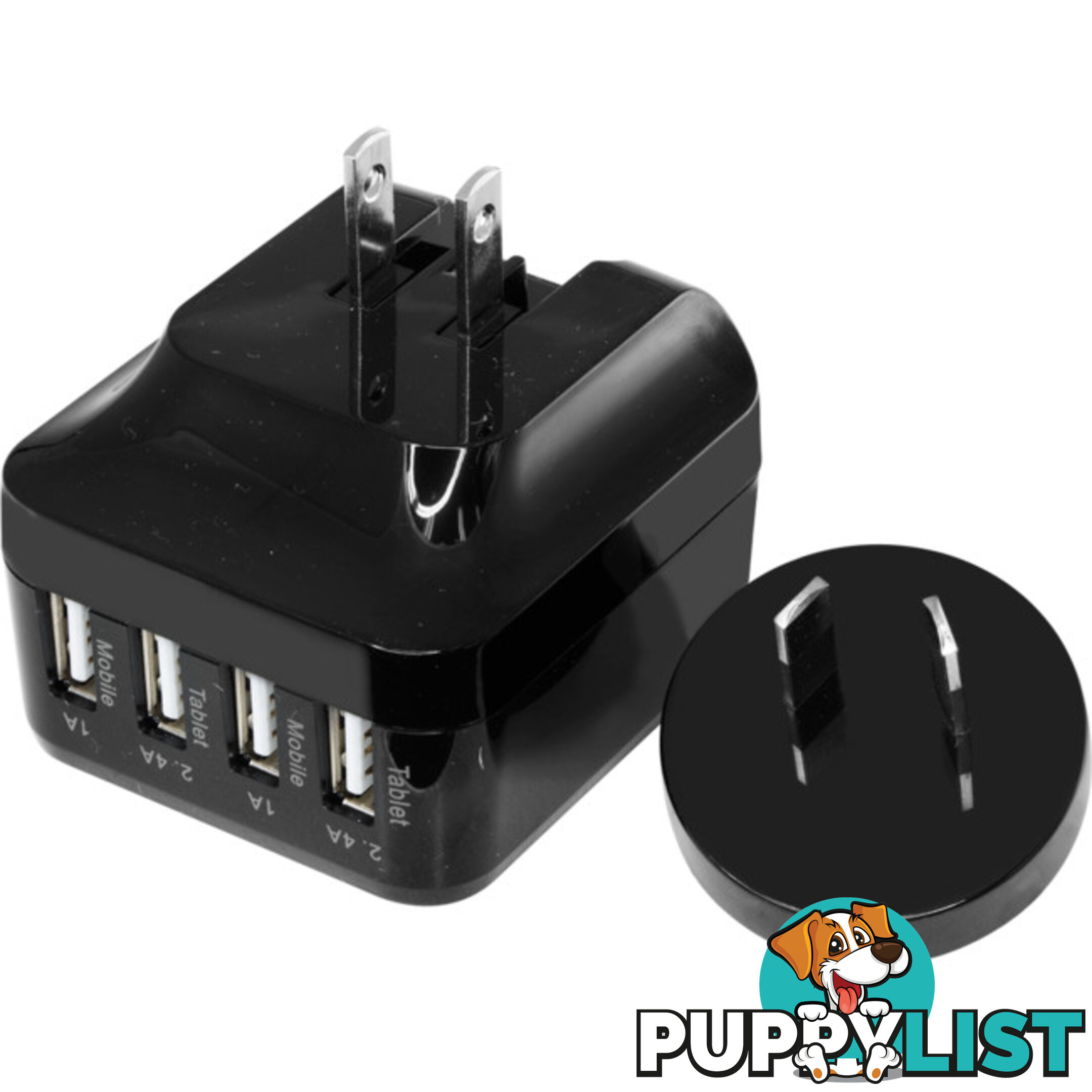 SM568B 5V 6.8A FOUR USB CHARGER BLACK INTERCHANGABLE TRAVEL ADAPTOR