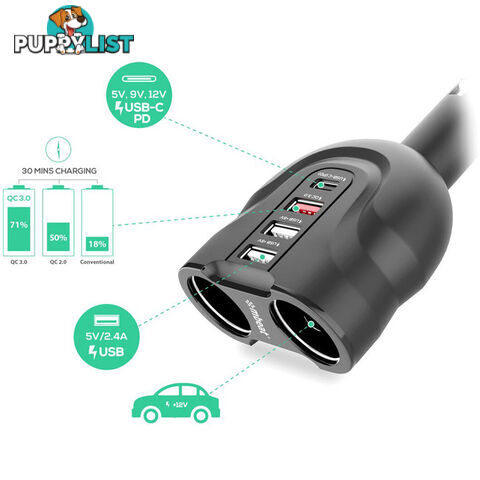 MBCHGRC38 4-PORT USB-C CAR CHARGER CIG SPLITTER PD QC