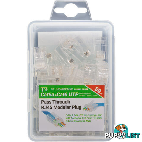 T3SPC6A-50 UTP RJ45 CAT6A SOLID SNAP PLUG 1.10MM TO 1.15MM PACK OF 50