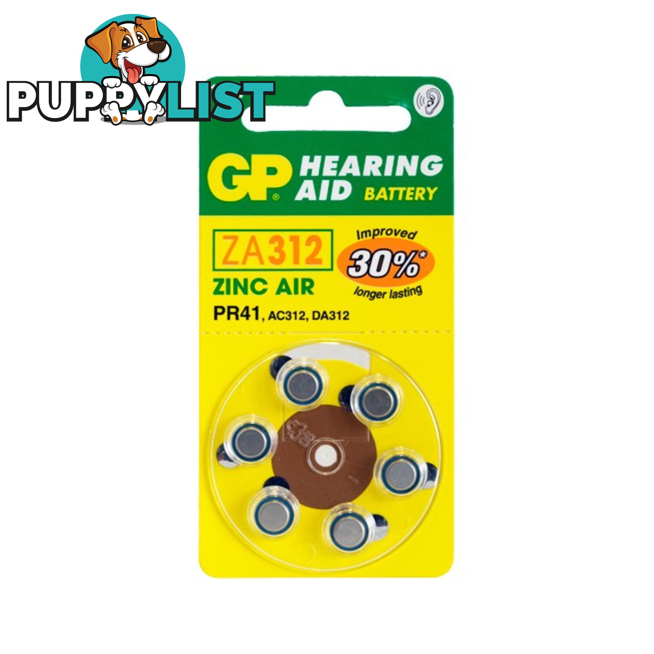 ZA312B6 HEARING AID BATTERY, 6 PACK SIZE 312, PR41, AC312 - GP