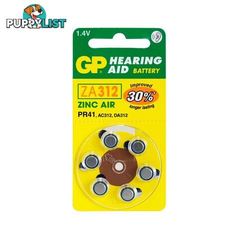 ZA312B6 HEARING AID BATTERY, 6 PACK SIZE 312, PR41, AC312 - GP