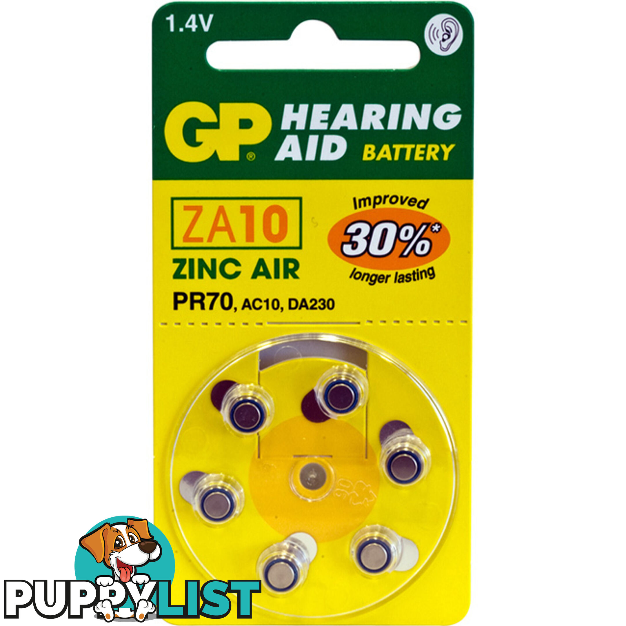 ZA10B6 HEARING AID BATTERY, 6 PACK SIZE 10, PR70, AC10 - GP