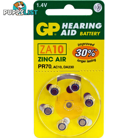 ZA10B6 HEARING AID BATTERY, 6 PACK SIZE 10, PR70, AC10 - GP