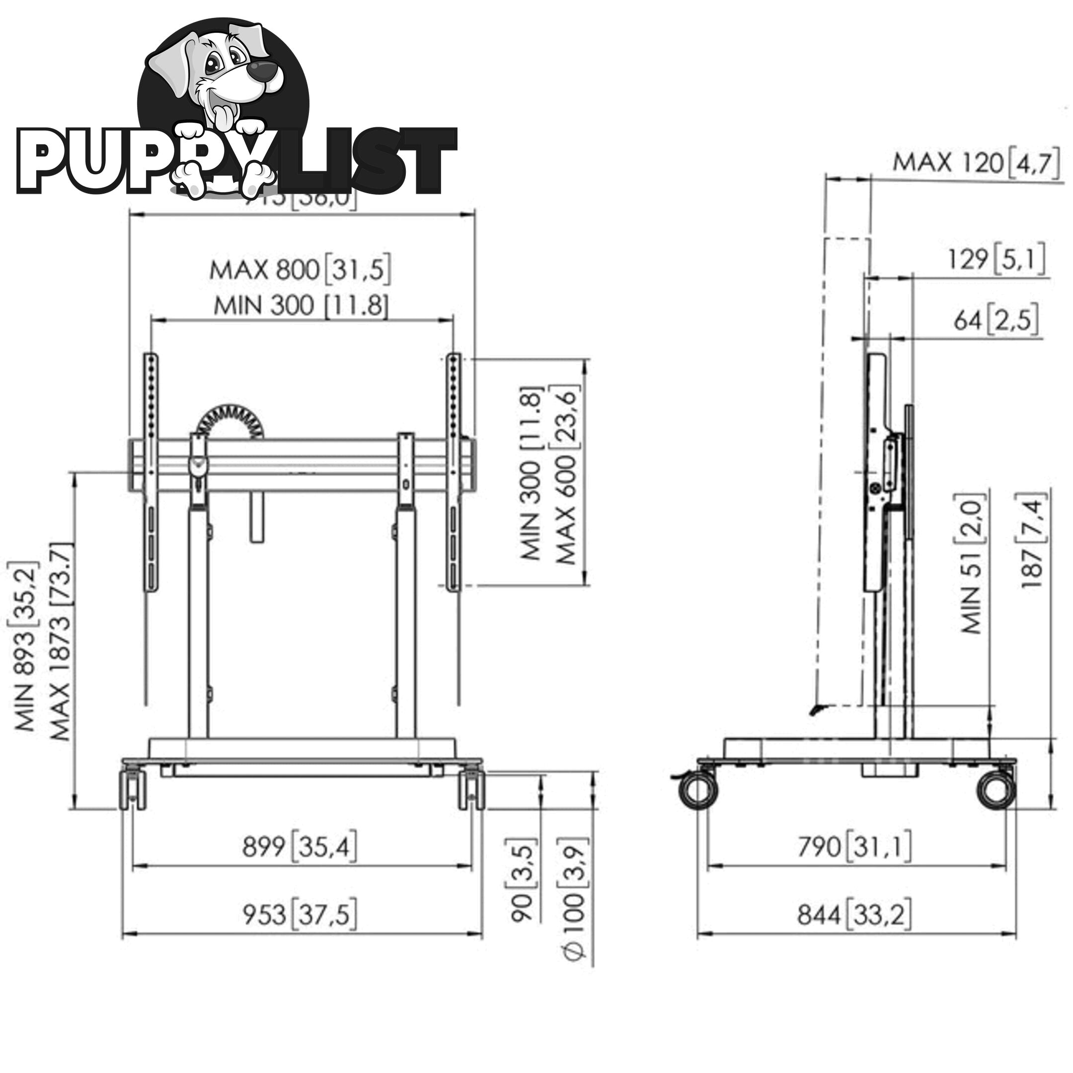 RISE5308 MOTORIZED DISPLAY LIFT TROLLEY- PREMIUM WHEELS 80MM PER SEC SPEED - UP TO 86" -120KG DISPLAY