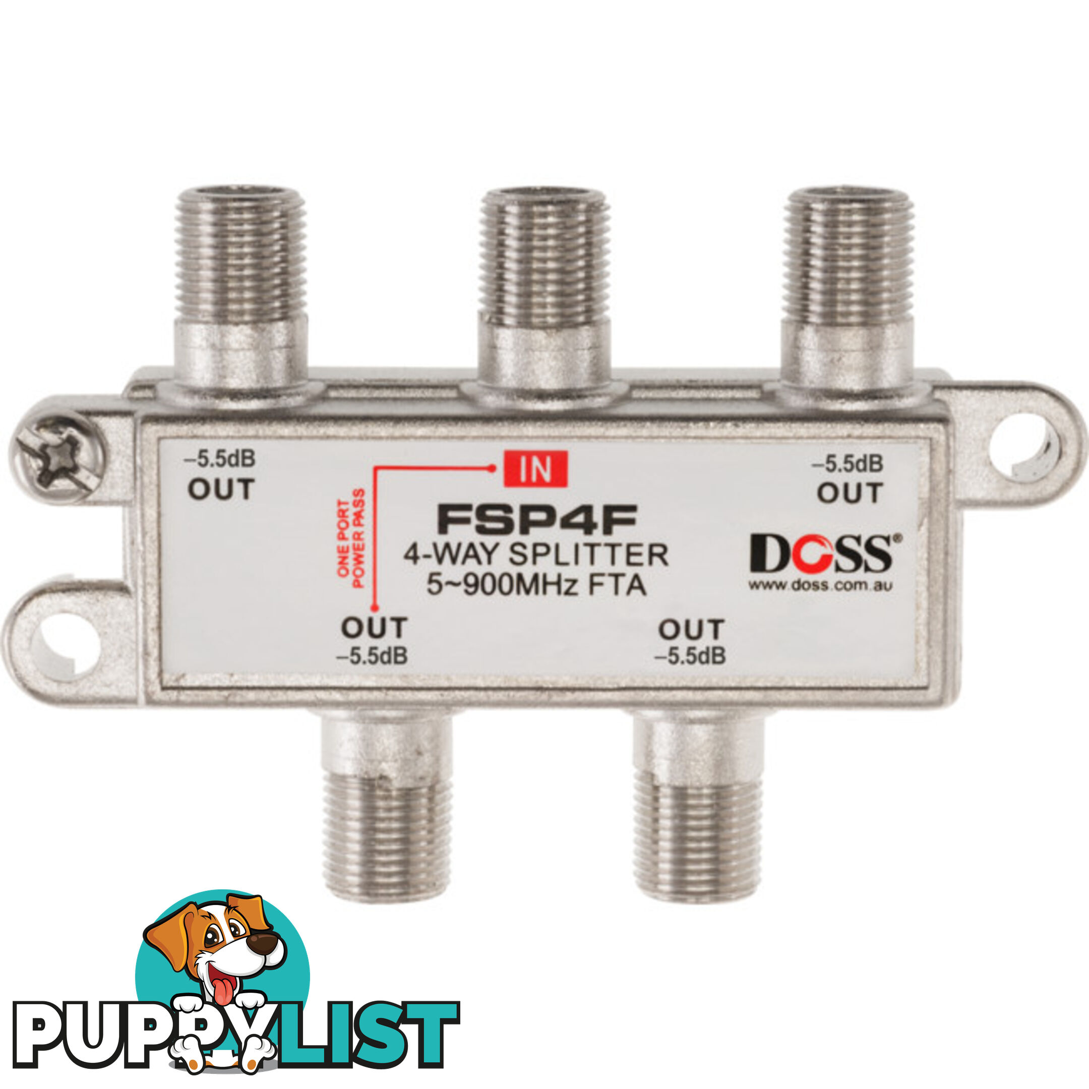 FSP4F 4 WAY 'F' SPLITTER FREE TO AIR 1X DC POWER PASS 900MHZ