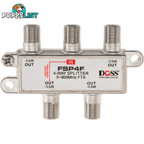 FSP4F 4 WAY 'F' SPLITTER FREE TO AIR 1X DC POWER PASS 900MHZ