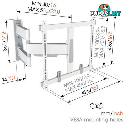 TVM5445W ELITE SERIES FULL MOTION+ 32"-65" WALL MOUNT WHITE - PIVOT UP TO 180Â° - MAX VESA 400X400