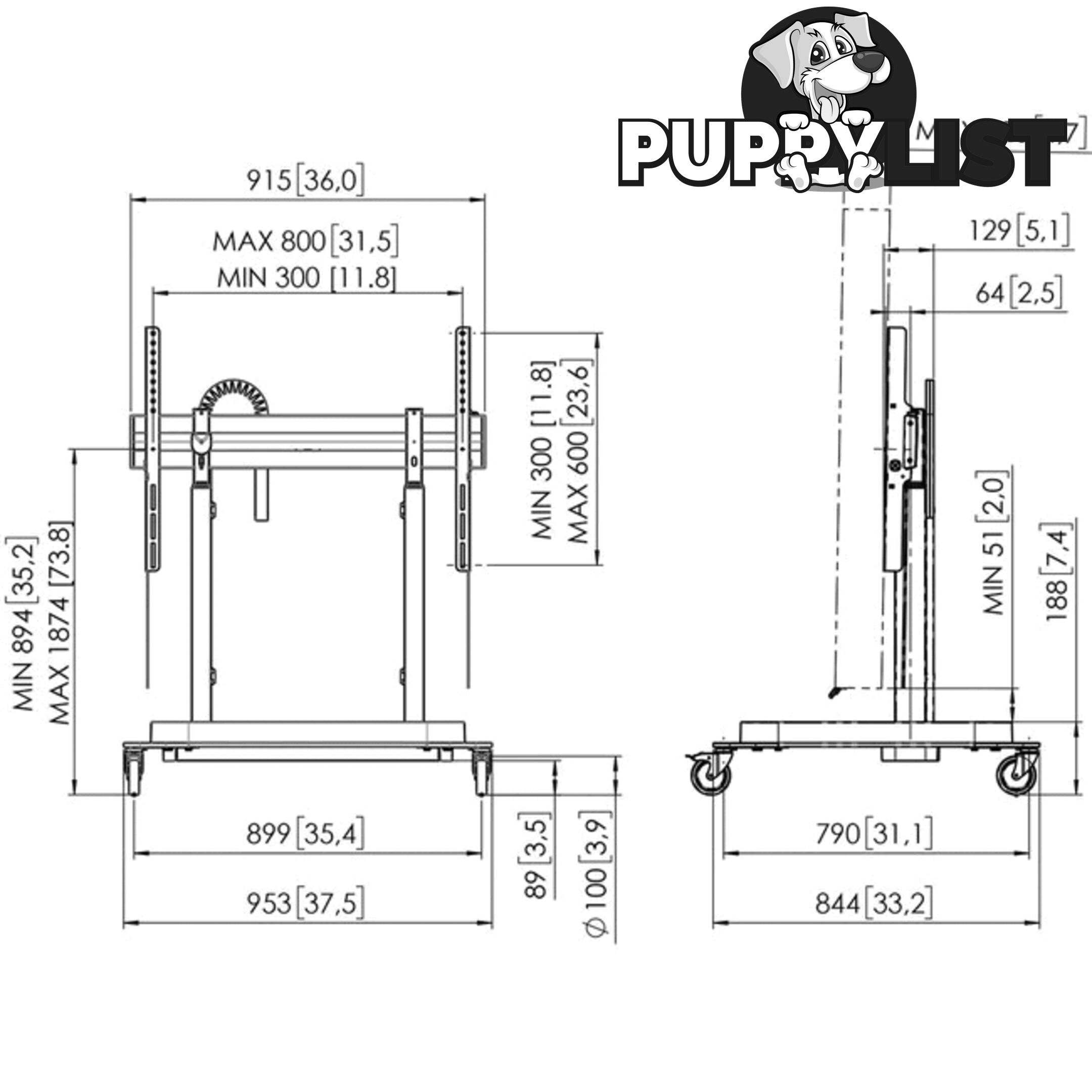 RISE5205 MOTORIZED DISPLAY LIFT TROLLEY - STANDARD WHEELS 50MM PER SEC SPEED - UP TO 86" -120KG DISPLAY