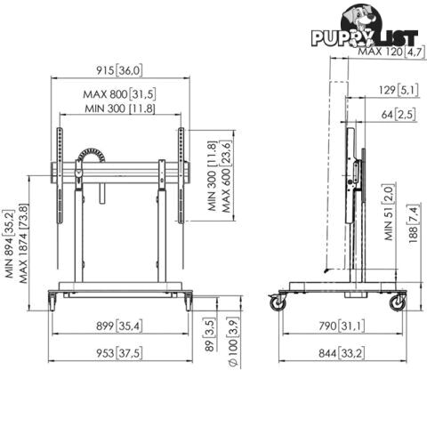 RISE5205 MOTORIZED DISPLAY LIFT TROLLEY - STANDARD WHEELS 50MM PER SEC SPEED - UP TO 86" -120KG DISPLAY