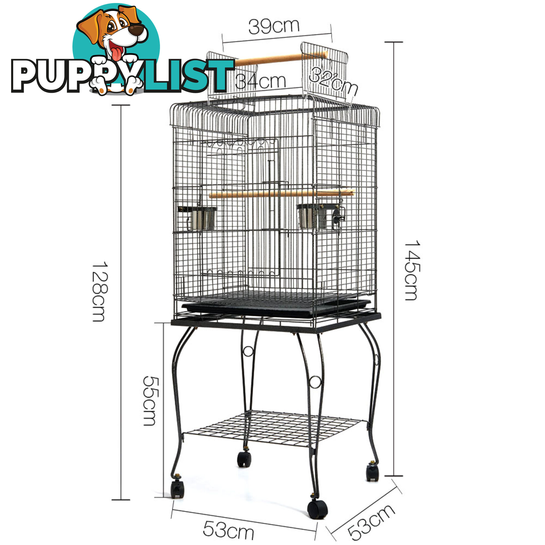 New 145cm Bird Cage Canary Parrot Budgie Pet Aviary Stand Wheel Open Roof Black