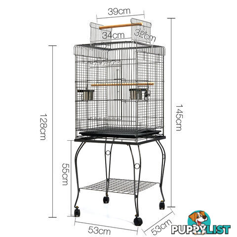 New 145cm Bird Cage Canary Parrot Budgie Pet Aviary Stand Wheel Open Roof Black