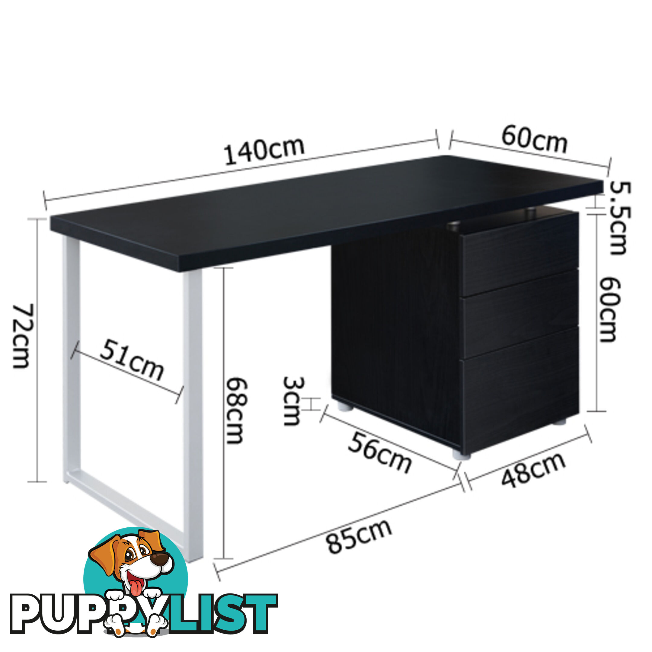 Office Computer Desk Home Study Table 3 Drawer Cabinet Student Kids Desk Black