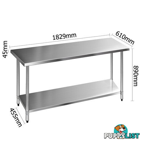 Commercial Stainless Steel Kitchen Work Bench Food Preparation Table Top 1829mm