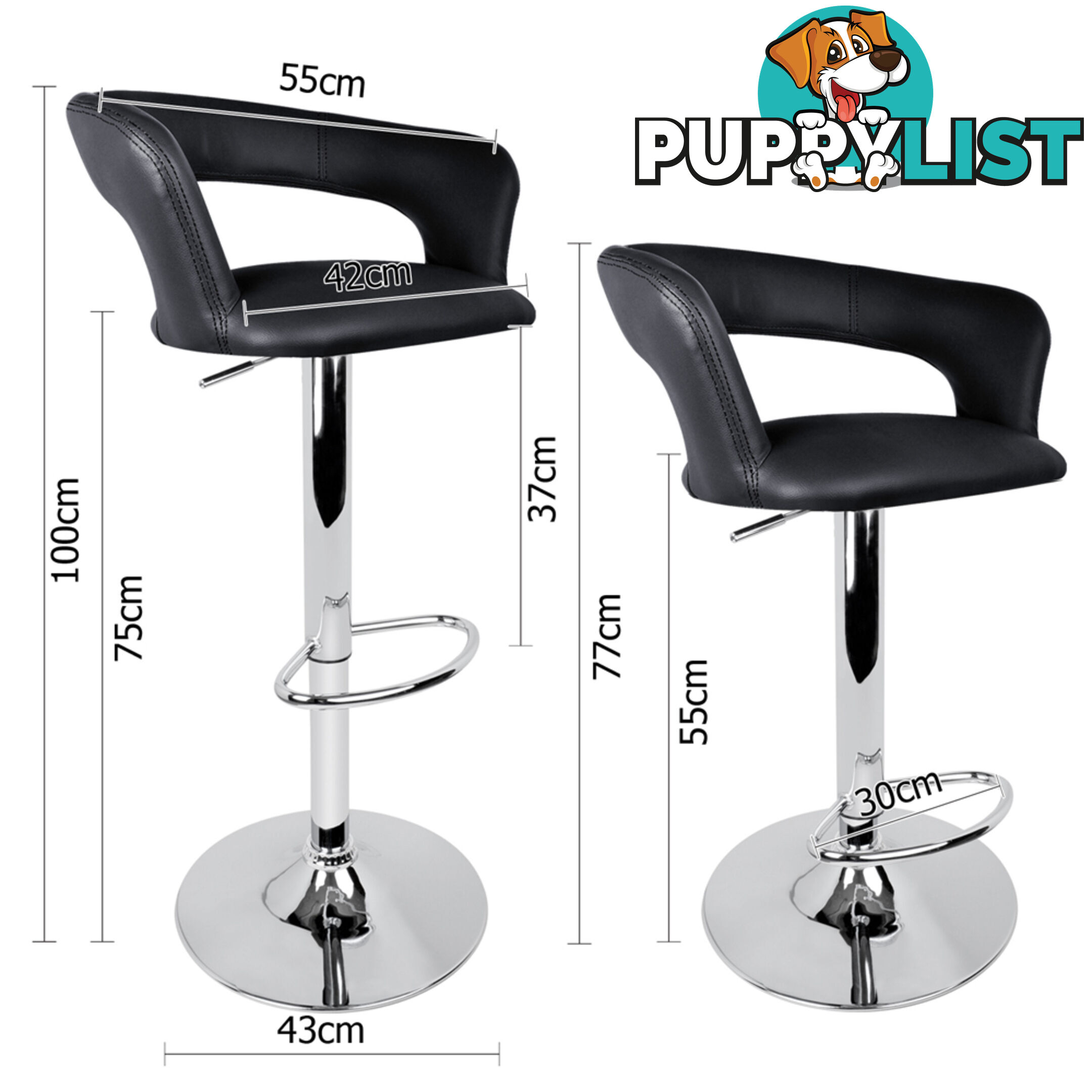 2 x PU Leather Backrest Kitchen Bar Stool Cafe Pub Office Barstools Chair Black