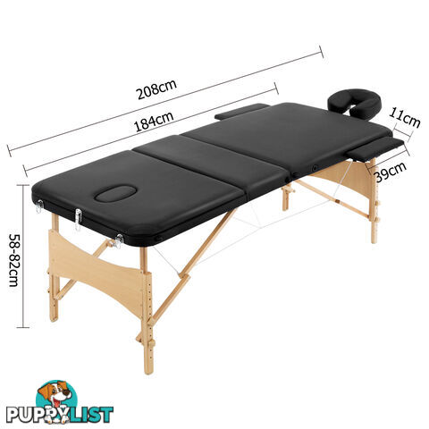 Portable Wooden Massage Table 3 Fold Beauty Chair Bed Waxing Black 70 cm