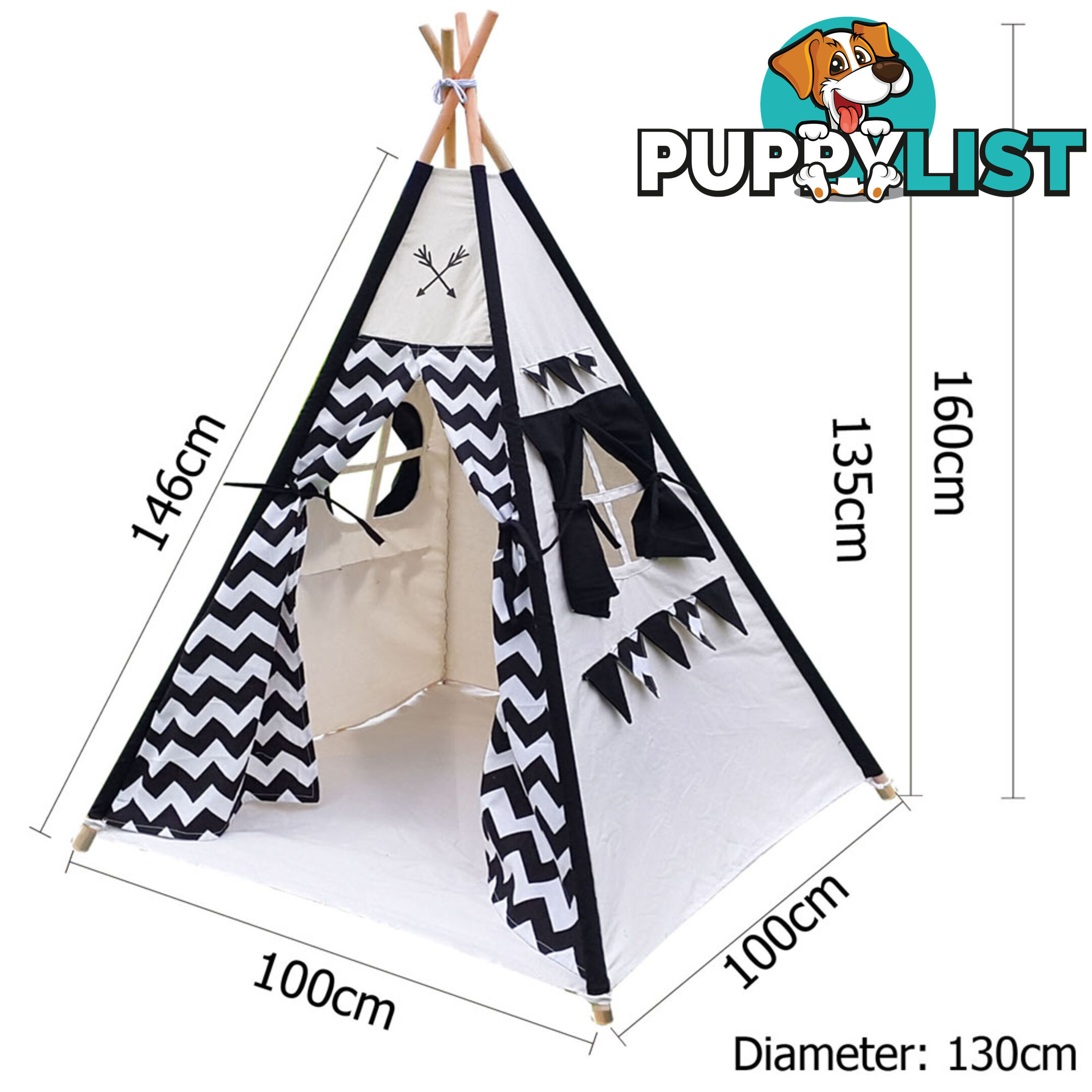 4 Poles Teepee Tent w/ Storage Bag Black