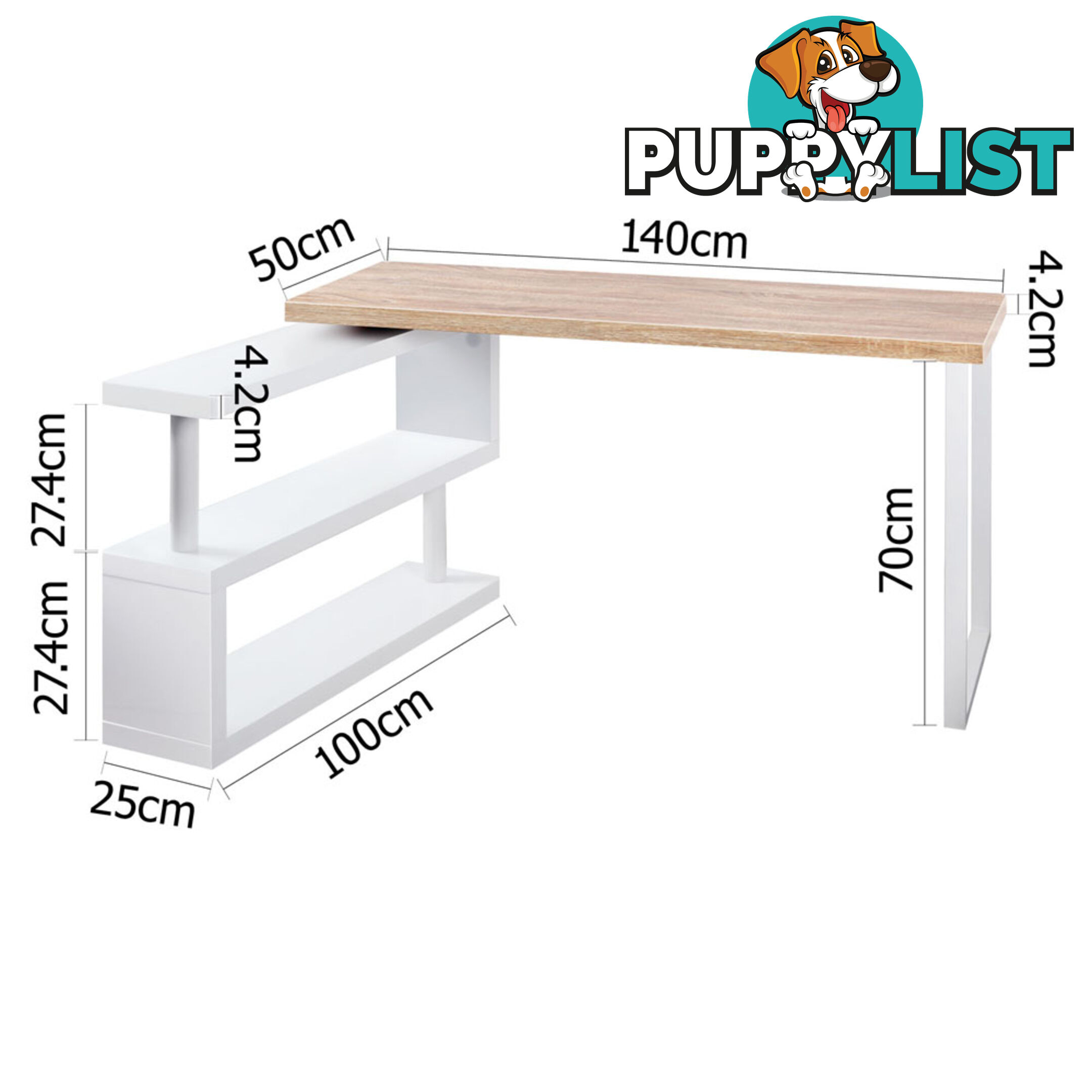 Rotary Corner Brown Office Computer Desk w/ White Bookshelf