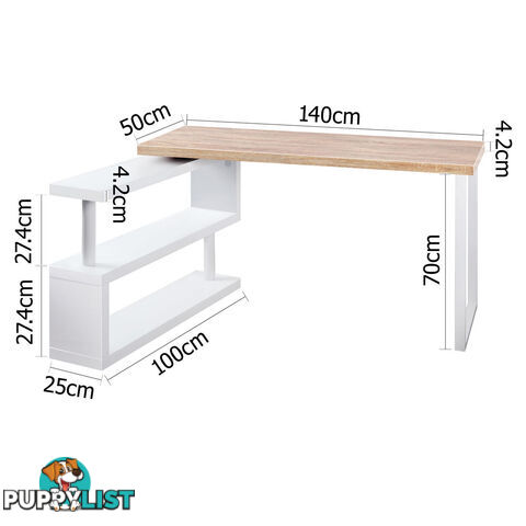 Rotary Corner Brown Office Computer Desk w/ White Bookshelf