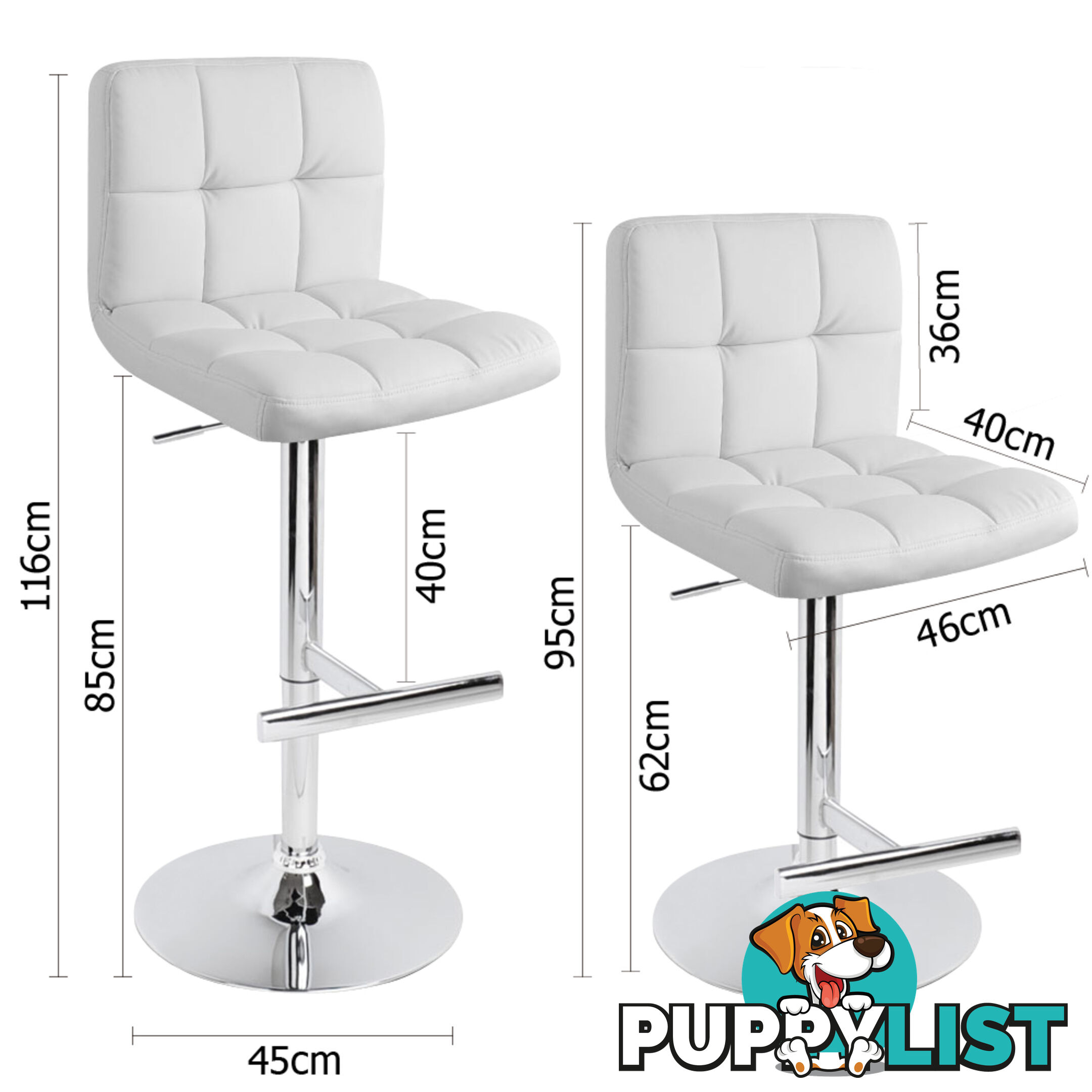 2 x PU Leather Gas Lift Bar Stool Kitchen Office Pub Barstool Swivel Chair White