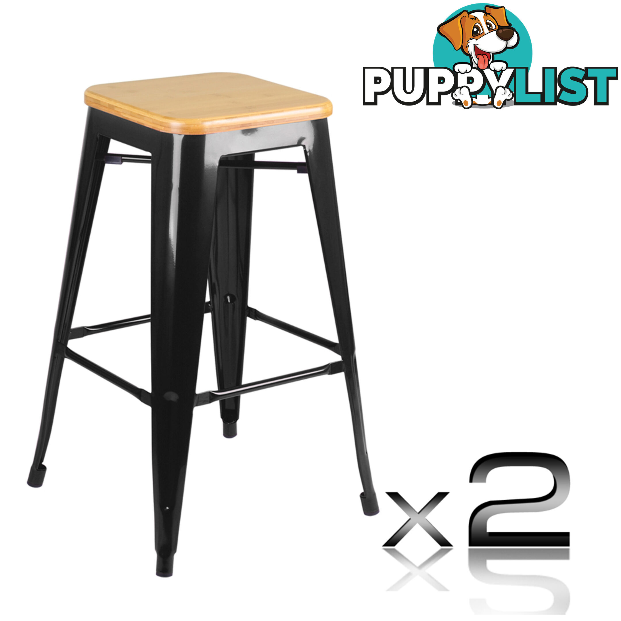 Set of 2 Replica Tolix Kitchen Bar Stool Bamboo Seat 66cm Black