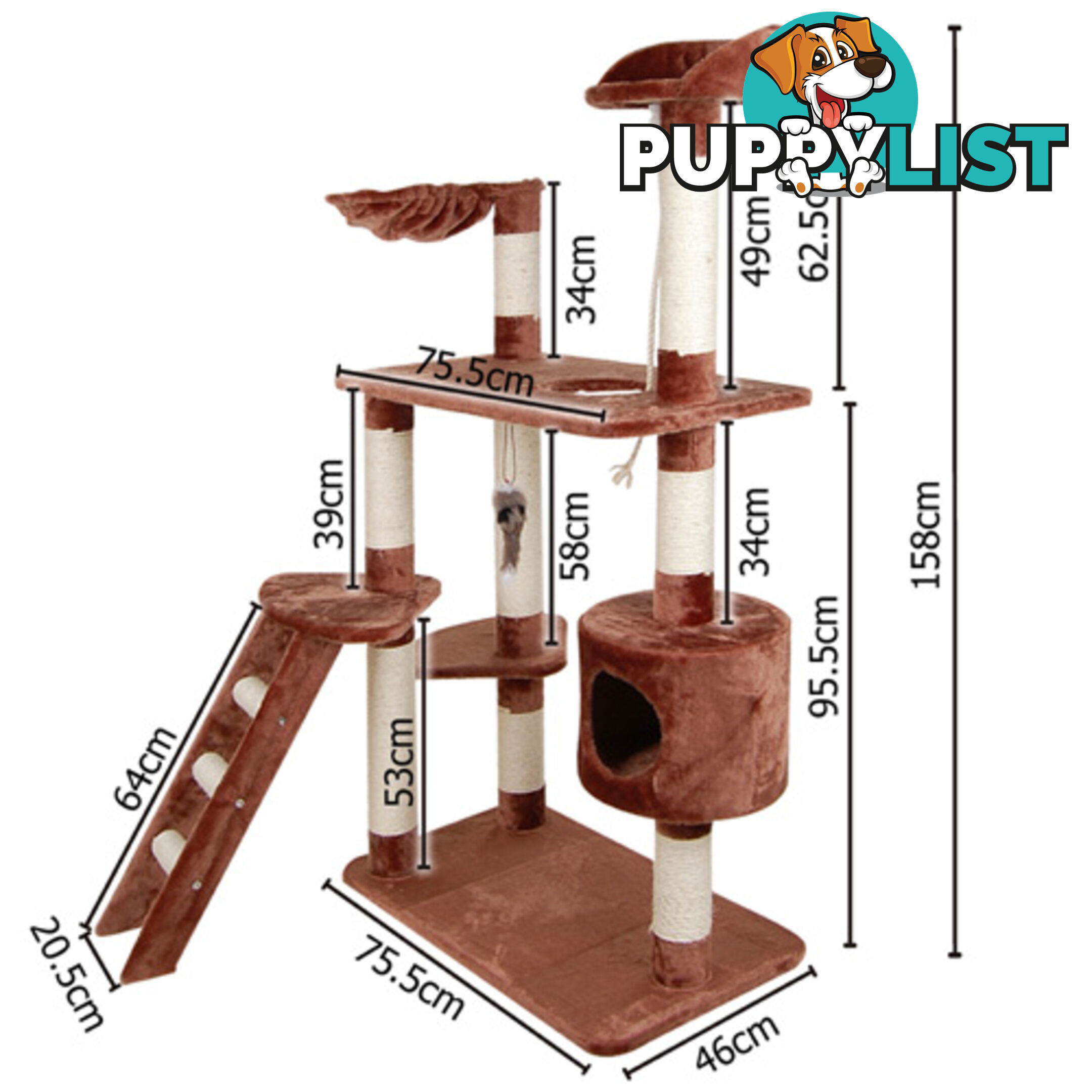 158cm Cat Scratching Poles Tree Multi Level Scratcher Post Gym House Toy Brown