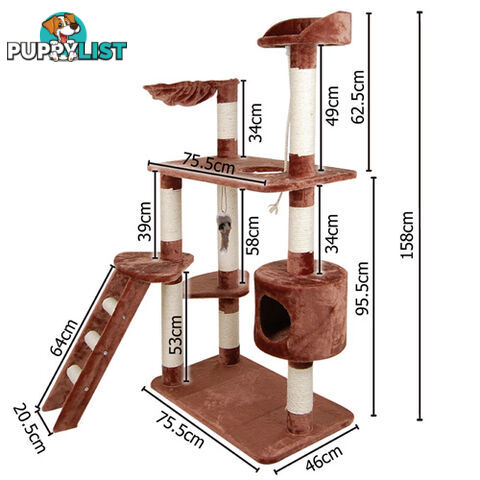 158cm Cat Scratching Poles Tree Multi Level Scratcher Post Gym House Toy Brown