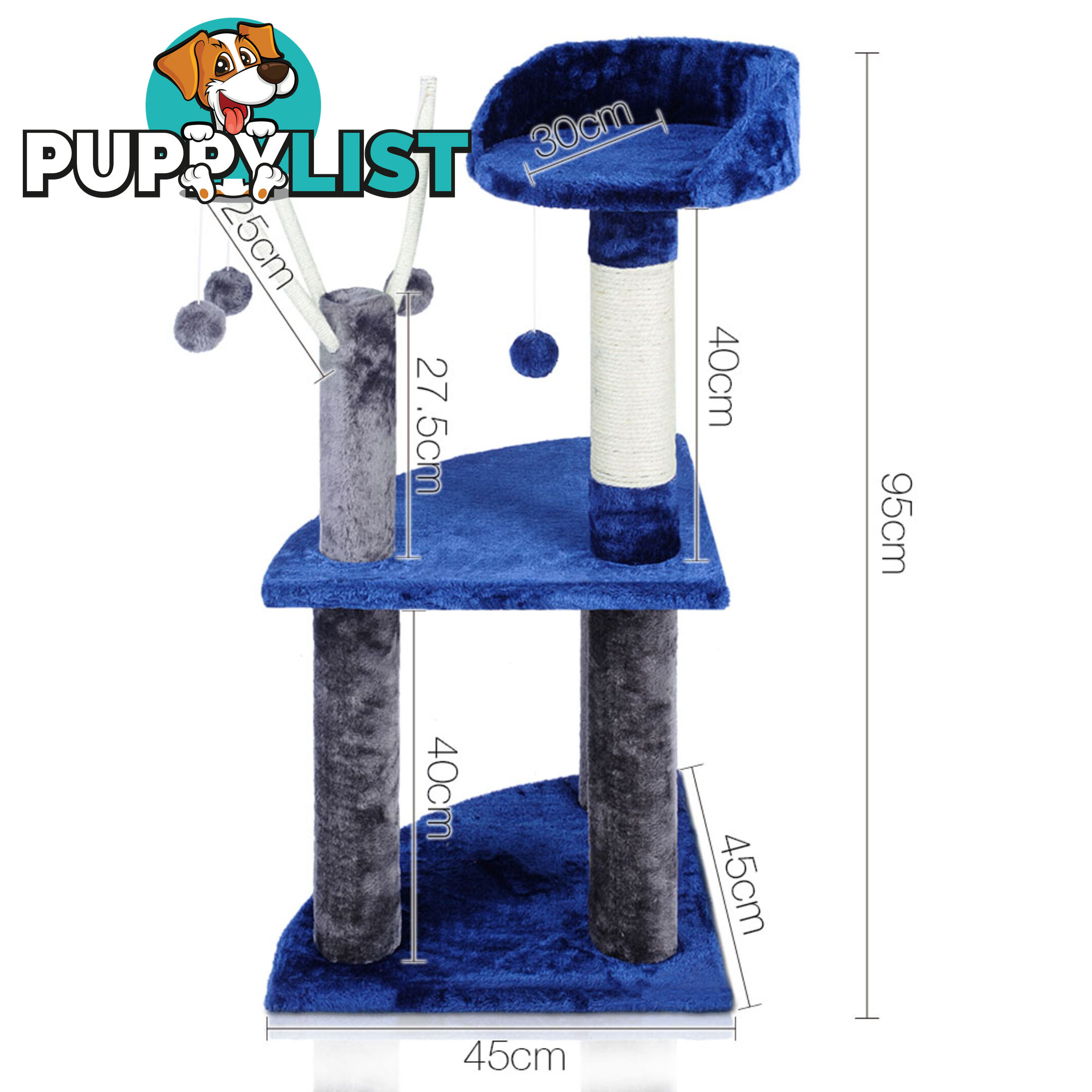 95cm Cat Post Furniture Tree Gym House Condo Kitten Scratching Poles Grey Blue