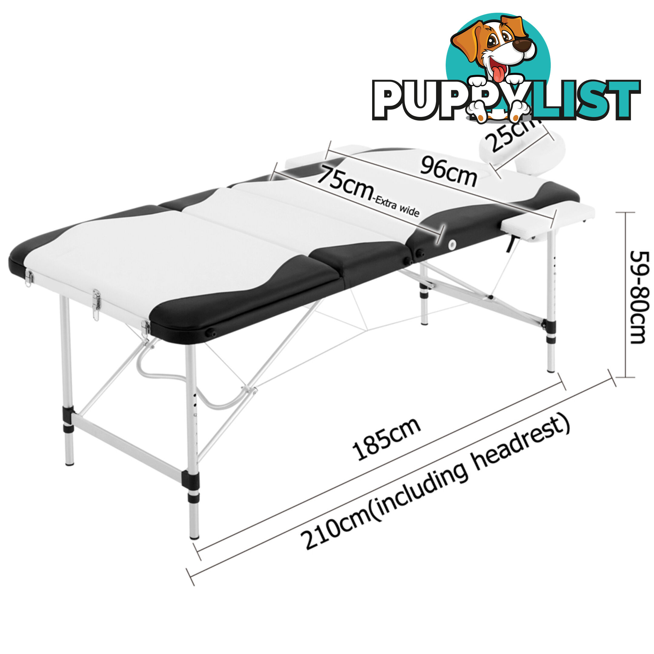 Portable Aluminium 3 Fold Massage Table Beauty Chair Bed Waxing Black White 75cm