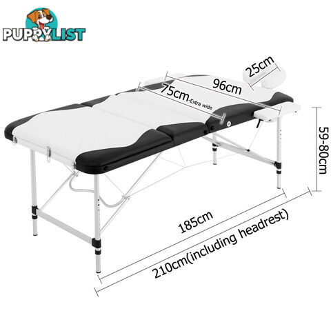 Portable Aluminium 3 Fold Massage Table Beauty Chair Bed Waxing Black White 75cm