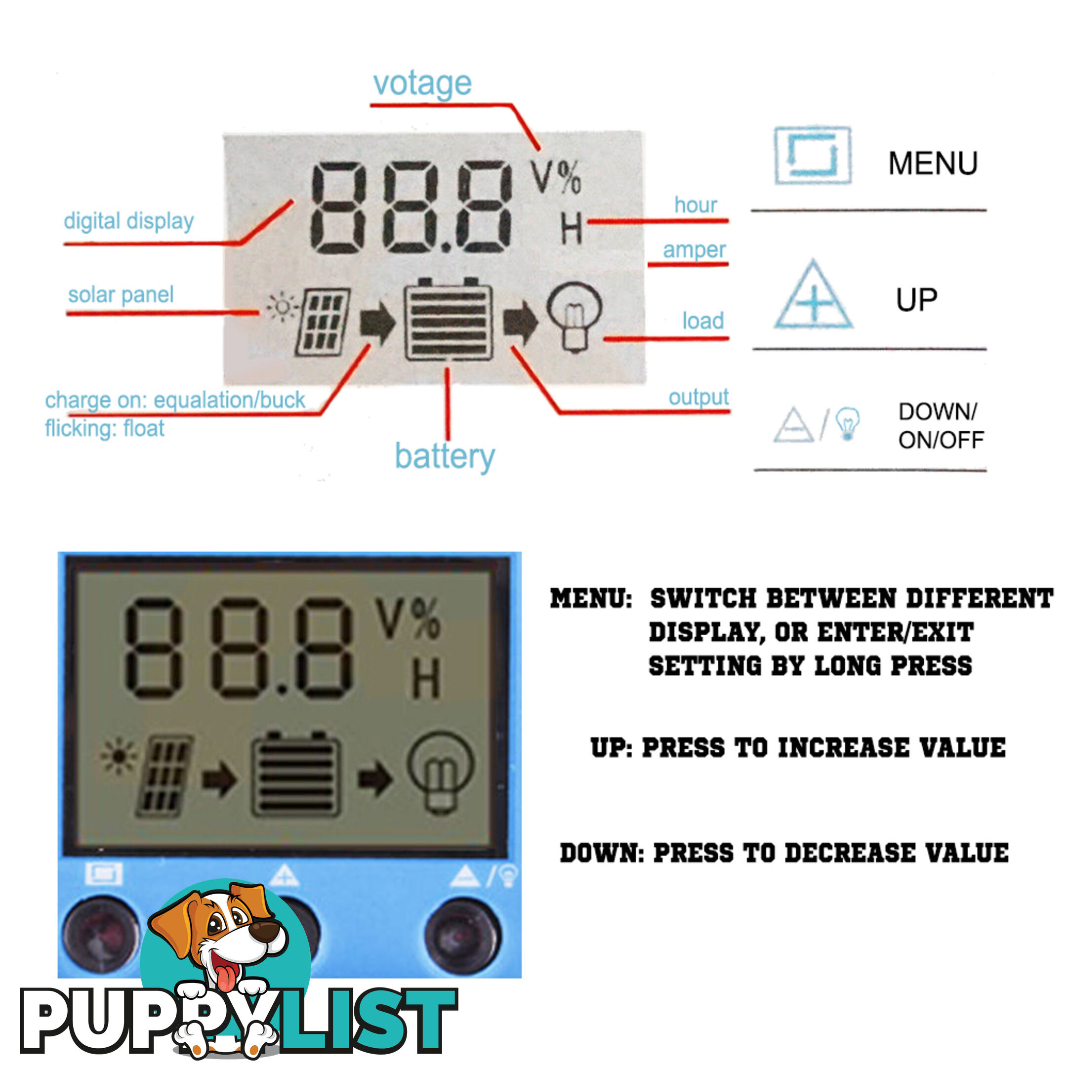 12V-24V 20A LCD Display PWM Solar Panel Regulator Charge Controller Timer PWN