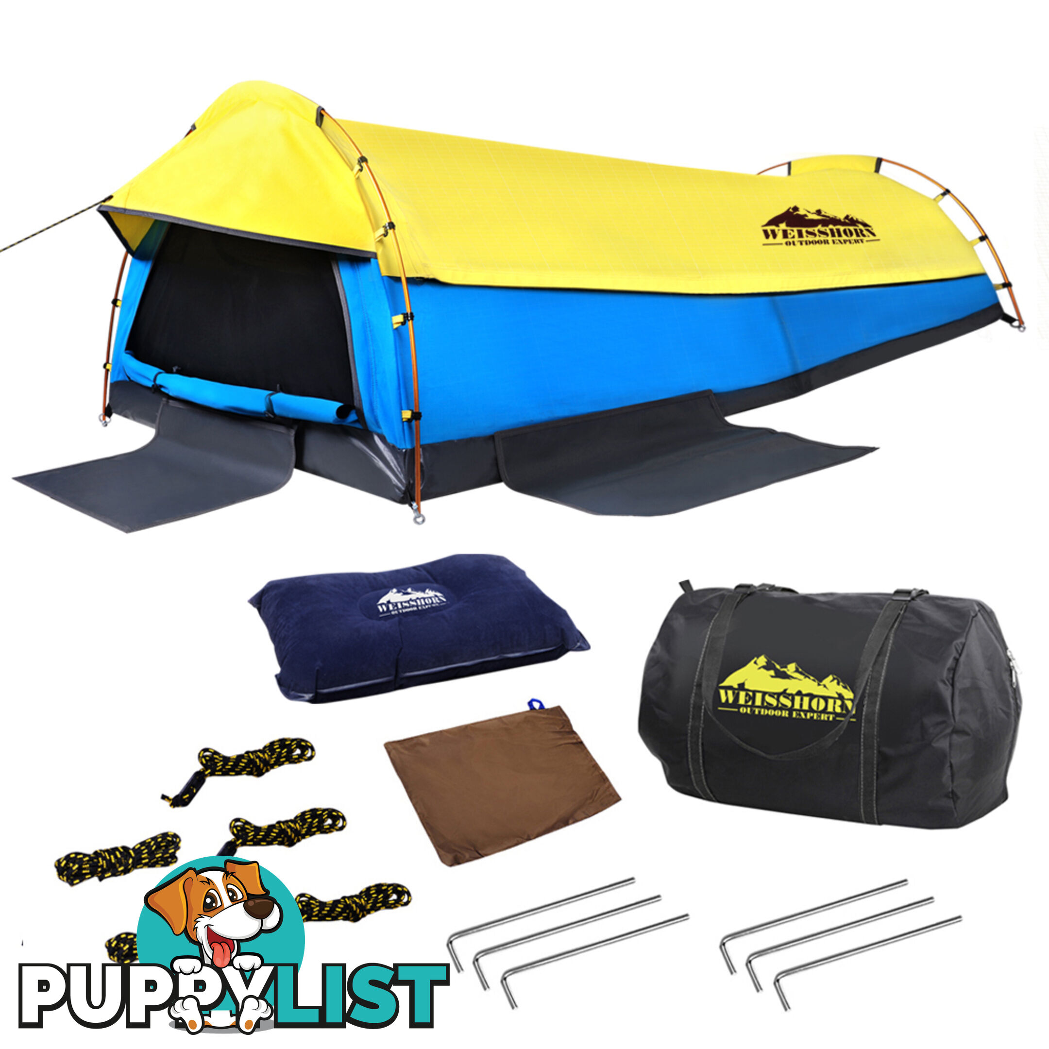 King Single Swag Camping Extra Large Deluxe Swags Canvas Tent Yellow Blue