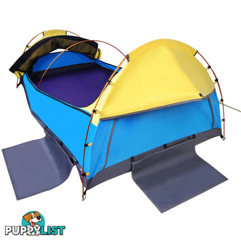 King Single Swag Camping Extra Large Deluxe Swags Canvas Tent Yellow Blue