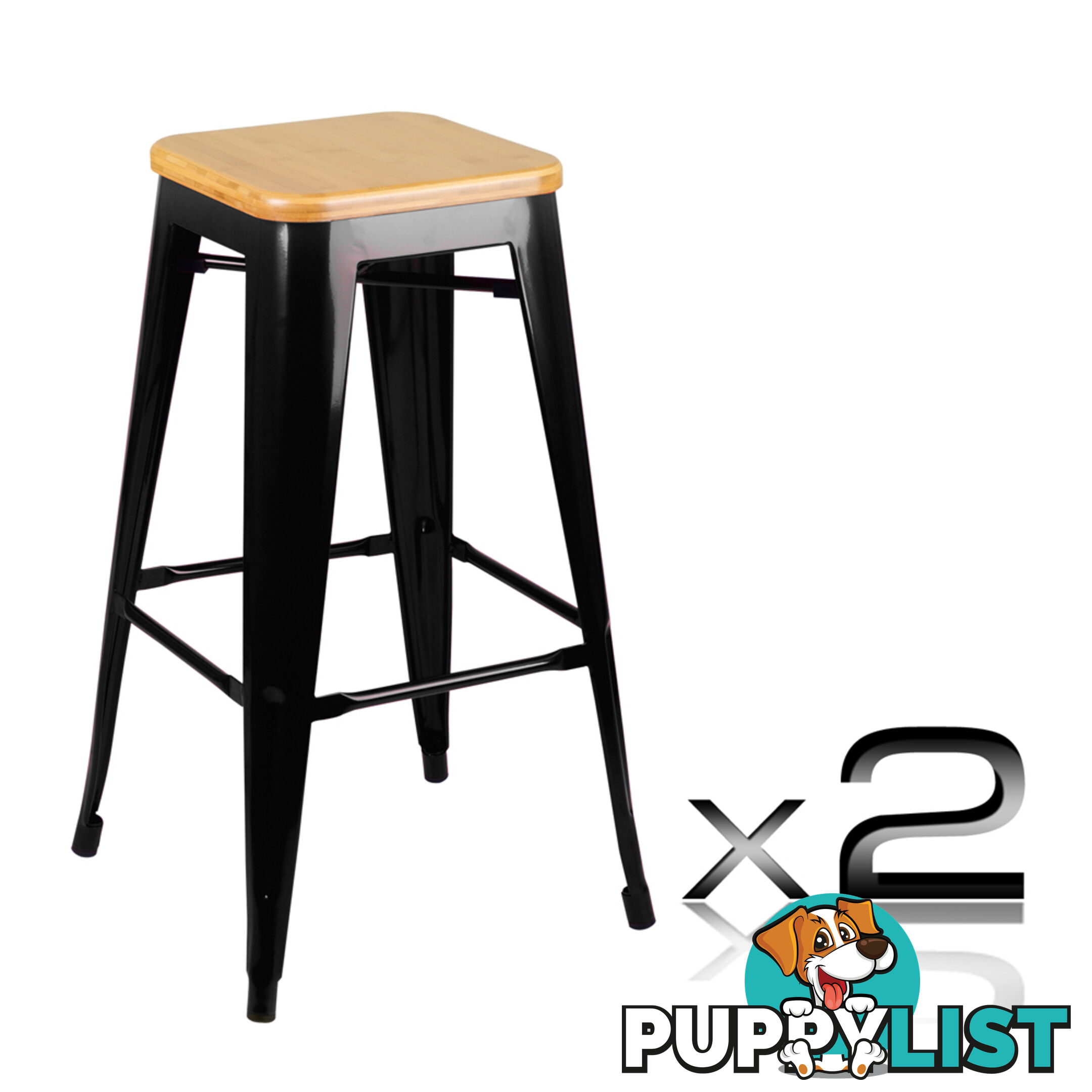 Set of 2 Replica Tolix Bar Stool Bamboo Seat 76cm Black