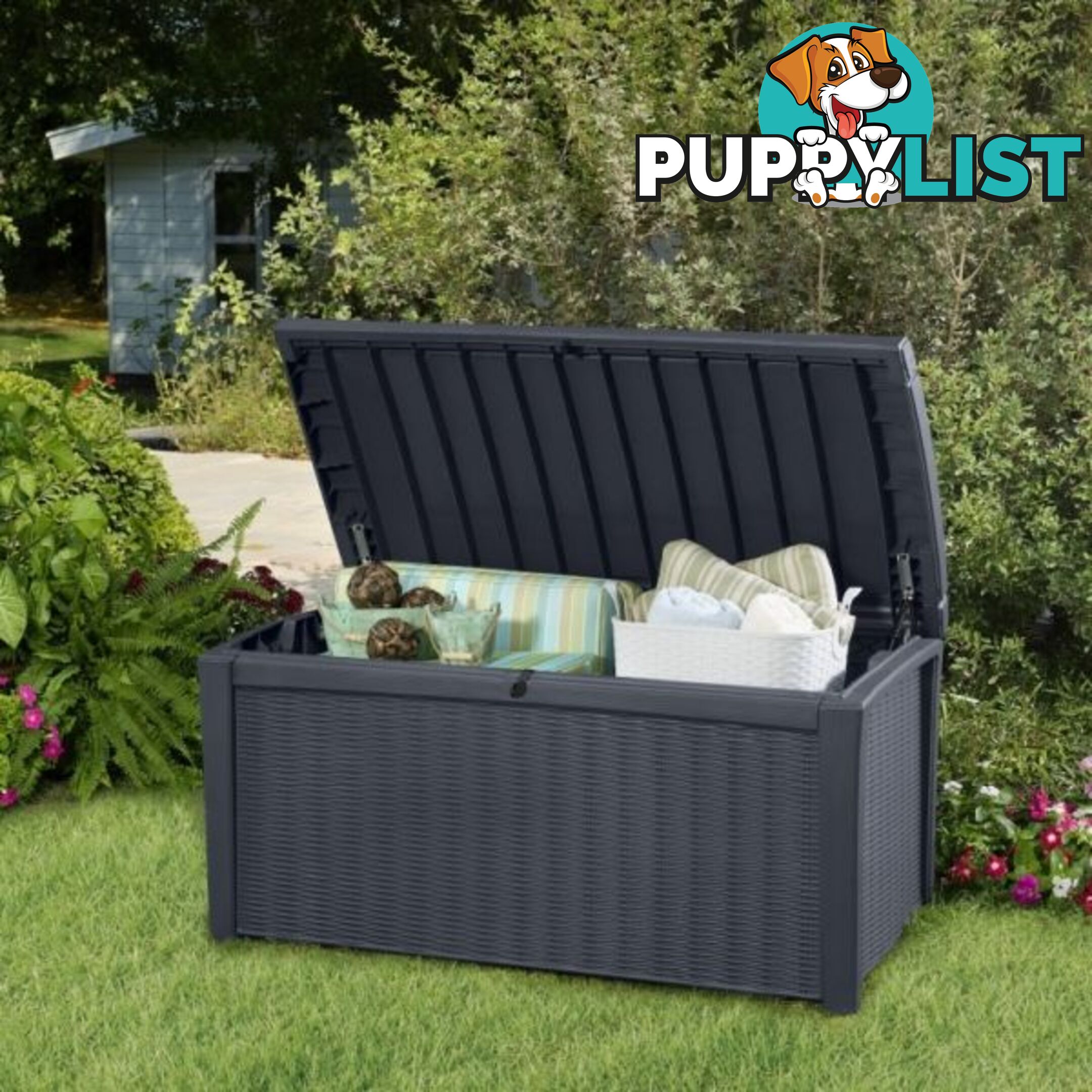 Keter Borneo Indoor Outdoor Storage 400L Weatherproof Garden Bench Box Grey