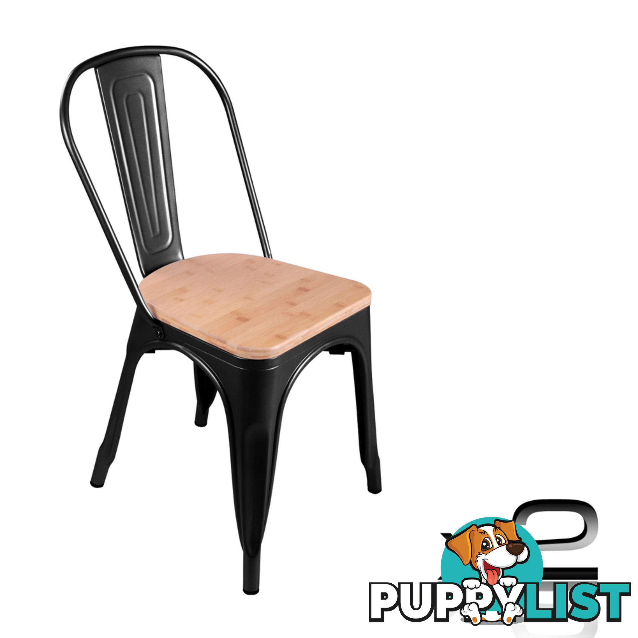 Set of 2 Replica Tolix Dining Metal Chair Bamboo Seat Gloss Black