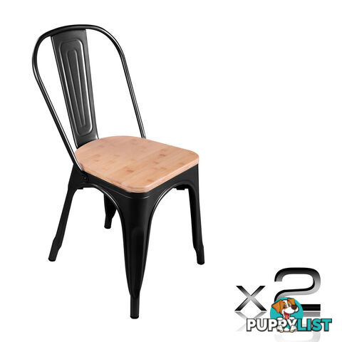 Set of 2 Replica Tolix Dining Metal Chair Bamboo Seat Gloss Black