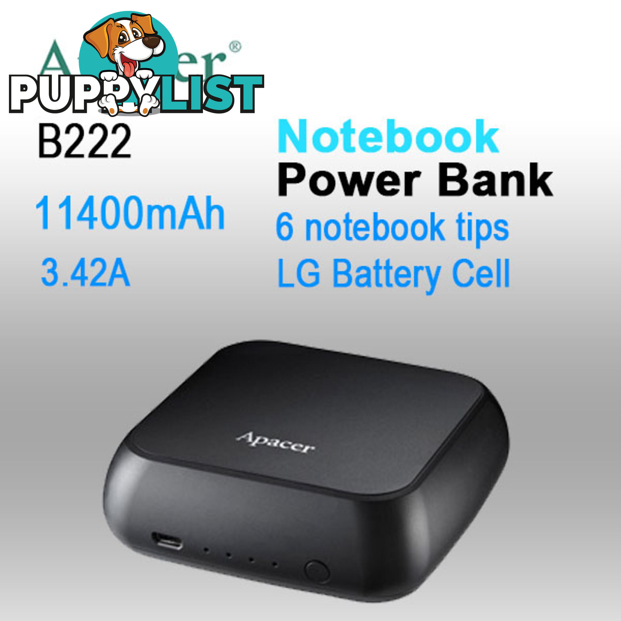 APACER mini NOTEBOOK POWER BANK B222 11400mAh with 6 tips,2x Fast USB Charger for Smart phone, Tablet etc.