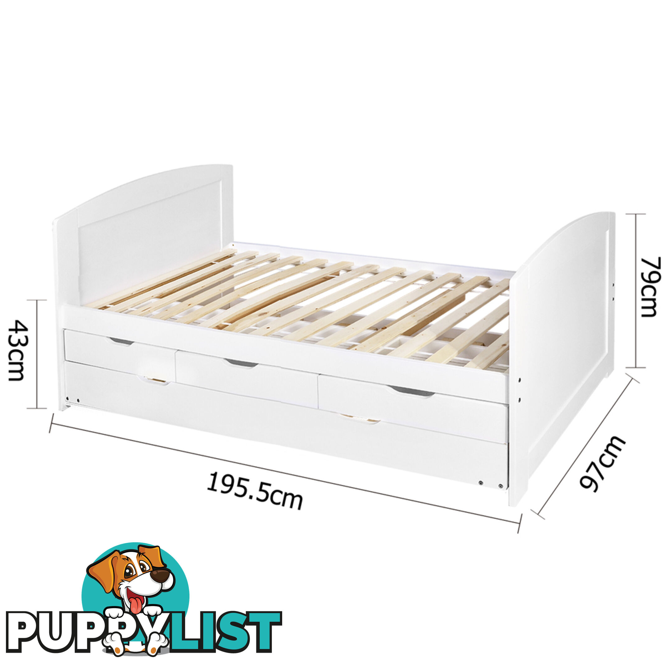 Wooden Bed Frame Pine Wood w/ Drawers Single White