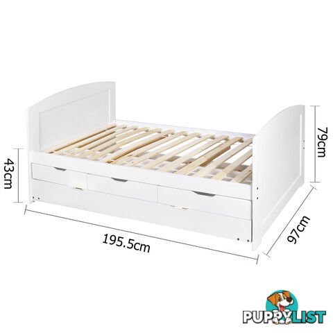 Wooden Bed Frame Pine Wood w/ Drawers Single White