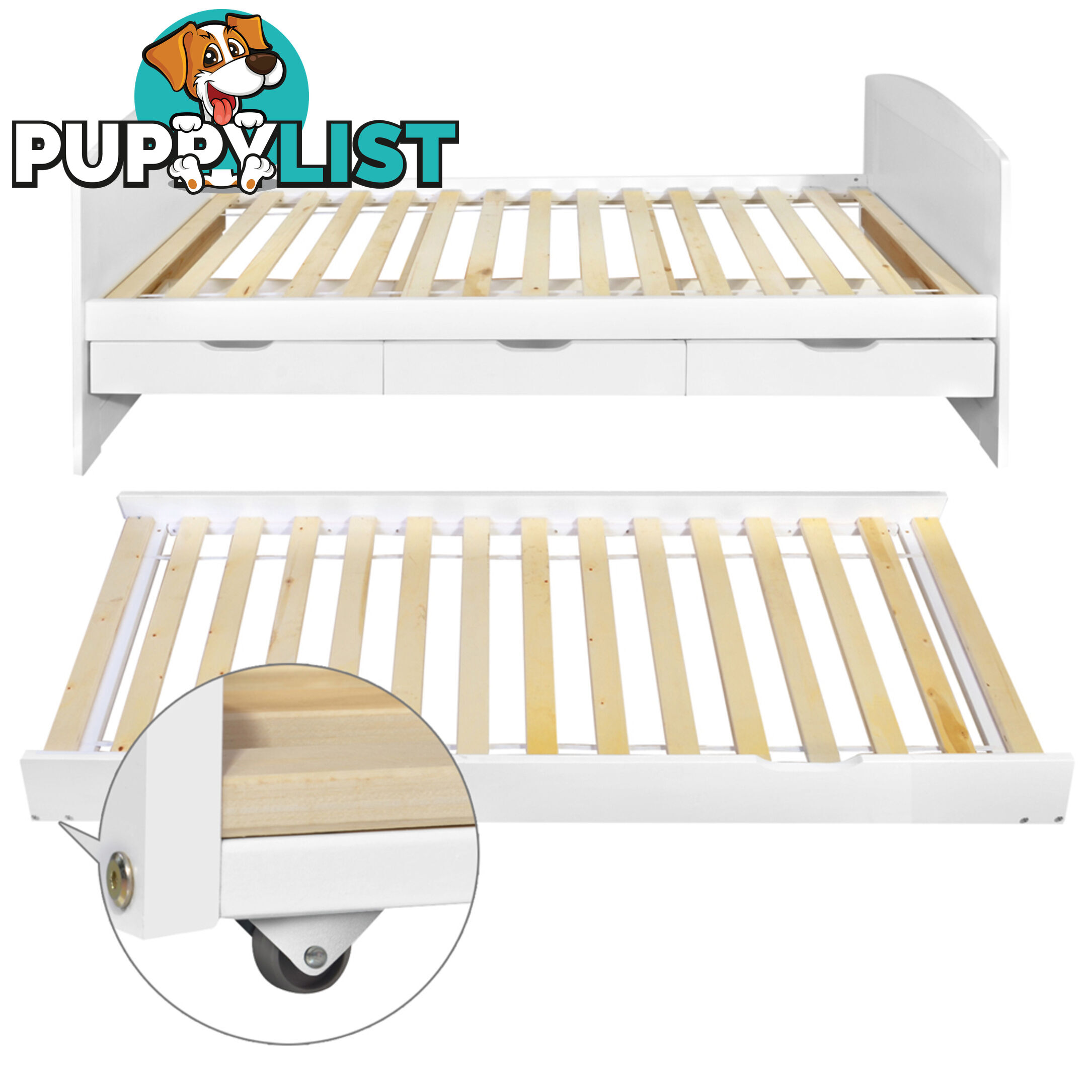 Wooden Bed Frame Pine Wood w/ Drawers Single White