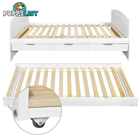 Wooden Bed Frame Pine Wood w/ Drawers Single White