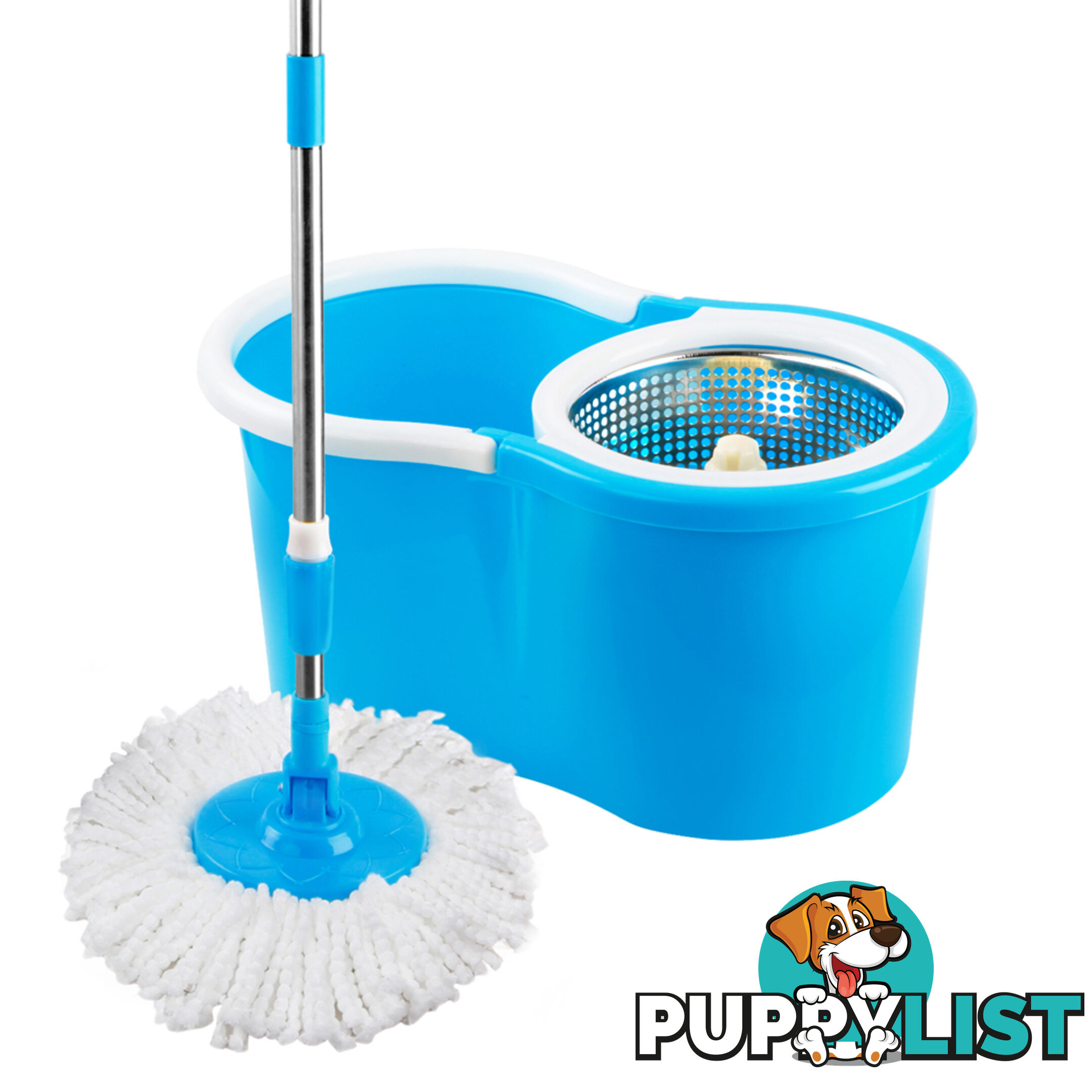 360 Degree Spinning Mop Stainless Steel Spin Dry Bucket w/ 2 Mop Heads Blue