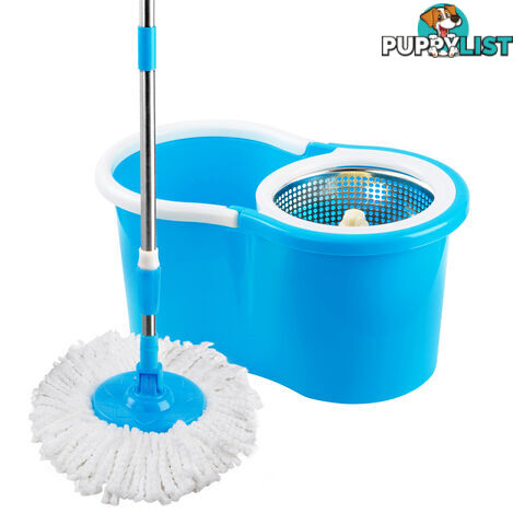 360 Degree Spinning Mop Stainless Steel Spin Dry Bucket w/ 2 Mop Heads Blue