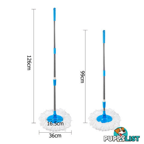 360 Degree Spinning Mop Stainless Steel Spin Dry Bucket w/ 2 Mop Heads Blue